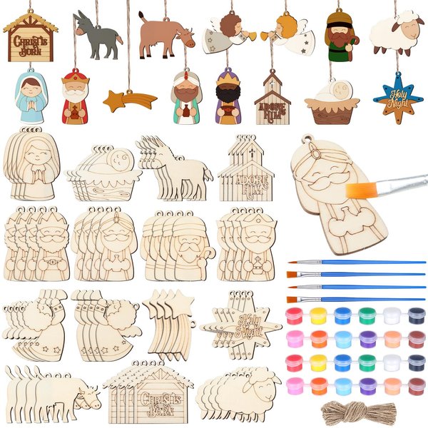 Cinnvoice 60 Pcs Wood Christmas Crafts for Kids DIY Paint Xmas Ornaments Blank Unfinished Wooden Cutouts Shapes Slices Hanging Embellishment for Christmas Tree Holiday Party Decor(Jesus Nativity)