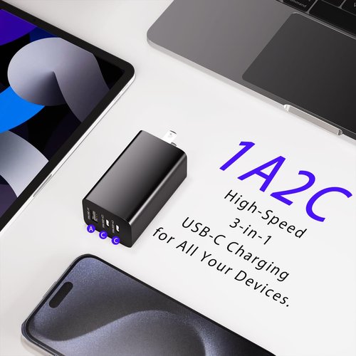wegear USB C Charger Block 65W Fast Charging, 3-Port USB C Charger with 5FT Cable, Foldable Plug Design for Travel, USB Charger Block Compatible with MacBook, Tablet, 16/15/14/Pro, Galaxy S24 and More