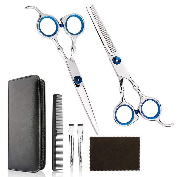 Professional Home Hair Cutting Kit - Quality Home Haircutting Scissors Barber/Salon/Home Thinning Shears Kit with Comb and Case Black Cape for Men and Women