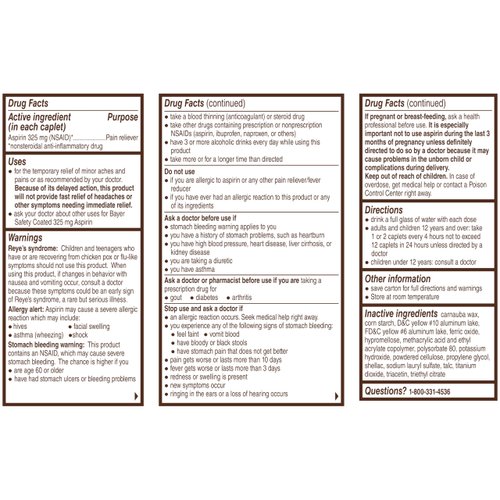 Bayer Aspirin Pain Reliever/Fever Reducer, Adult Low Strength Regimen, 100-Count Caplets