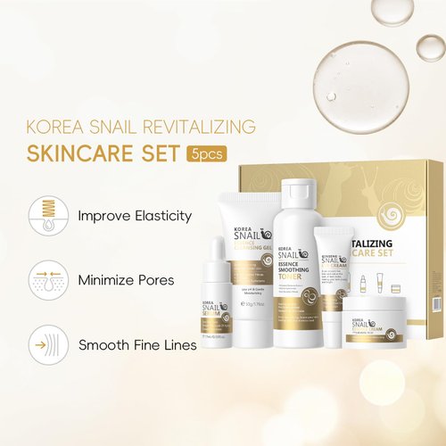 Snail Korean Skin Care Set - All About Snail Mucin Kit, Skin Care Kit with Cleanser, Toner, Serum, Eye Cream, Face Cream, Facial Kit for Women & Girls Hydrating Skin, TSA-Friendly Sizes 5Pcs