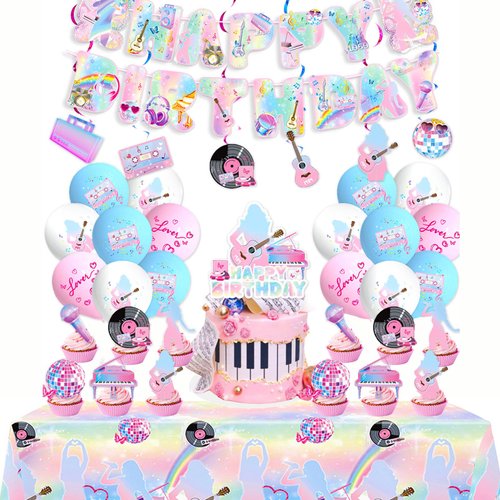 51PCS Birthday Party Decorations, Birthday Girl Singer Happy Birthday Party Supplies, Includes Banner - Tablecloth - Cake Topper - 24 Cupcake Toppers - 18 Balloons - 6 Hanging Swirls for Music Fans