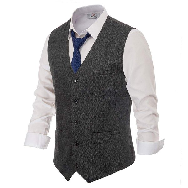 PJ PAUL JONES Mens Herringbone Wool Tweed Vest Western V Neck Slim Fit Suit Vest Dark Gray L