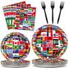 96Pcs International World Flags Party Supplies Country Flag Paper Plates Napkins Travel Trip Around the Globe Party Decorations World Flag Dinnerware Party Favor for Birthday Party Tableware Serves 24