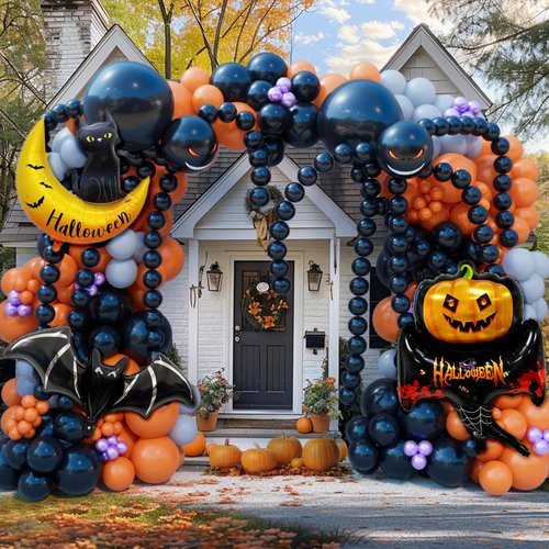 Bonropin 194pcs Halloween Balloon Garland Arch kit with Halloween Foil Balloons Black Orange Gray Purple Balloons Spider Balloons for Halloween Theme Party Supplies Haunted House Parties