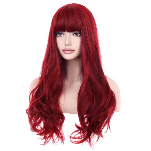 BERON 26 Inches Red Wig Long Wavy Wig with Bangs for Women Long Wig Wine Red Wigs for Daily Party Wig Cap Included