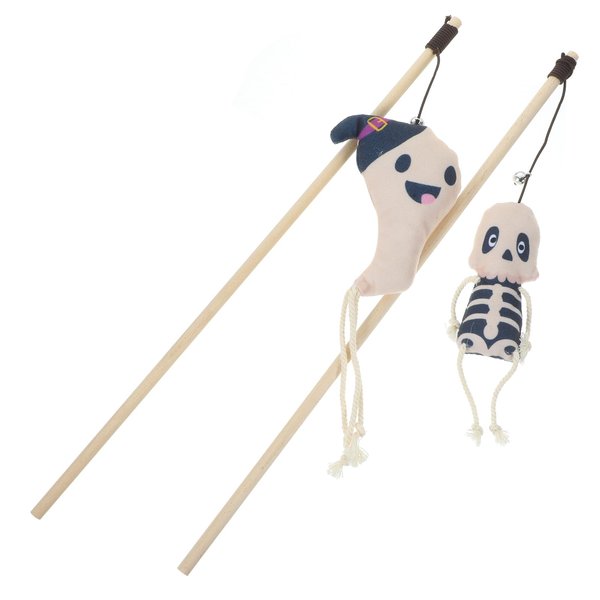 LUOZZY 2PCS Cat Tease Sticks Halloween Kitten Teasing Toys with Skull and Ghost Plush Cat Teaser Wands Interactive Cat Biting Plaything for Indoor Cat Kitten