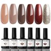 modelones Holiday Gel Nail Polish Set, 6 Colors Brown Dark Red Gel Polish Kit Glitter Champagne Gold Nude Pink Grey Nail Polish Gel, Soak OFF LED Manicure Nail Art DIY Home Salon Gift for Women
