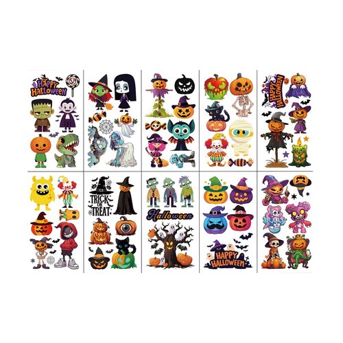 Cartoon Halloween Temporary Tattoo Stickers for Kids, Fun Party Toy for Face and Arm, Pack of 10 Assorted Designs, Non-Toxic Water Transfer, Safe for Children