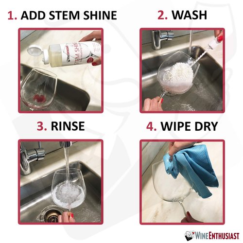 Wine Enthusiast Stem Shine - Wine Glass Liquid Cleaner to Eliminate Streaks, Remove Odor, Clean Contaminants & Grim – Hand Wash Delicate Glassware & Crystal (16 oz)