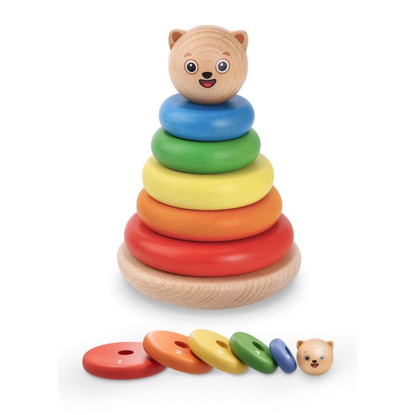 Bimi Boo Wooden Rainbow Stacking Rings for Toddlers - Ring Stacker Baby Toy with Roly-Poly Base - Montessori Early Counting Toy, Size Recognition Learning Activity - Ideal Baby Gift (5 Rings)