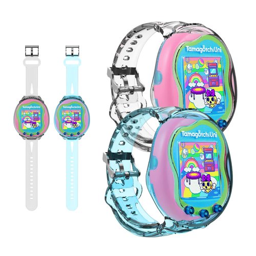 DZHAXIE Wristband for Tamagotchi Uni [2Pack], TPU Bracelet Holder Compatible with Tamagotchi Uni, Adjustable TPU Protective Tamagotchi Uni Case for Kids Teen Adults 6.3-8.85" (Clear+Blue)