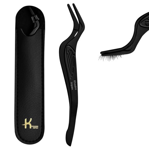 KHADMI IMPEX Eyelash Applicator Tool in Leather Case -Best Lash Cluster Applicator-with Stainless Steel Curved Design Lash Applicator Use for Wisps Lashes(Black)