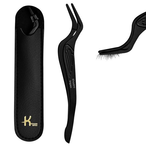 KHADMI IMPEX Eyelash Applicator Tool in Leather Case -Best Lash Cluster Applicator-with Stainless Steel Curved Design Lash Applicator Use for Wisps Lashes(Black)
