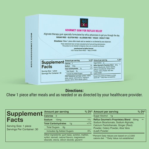 Reflux Gourmet Berry Soothe Gum Alginate Therapy Sodium Bicarbonate Gum for Acid Reflux, Oral, Cognitive, and Digestive Support, Natural with Ginger, Celeriac and Aloe, Sugar Free, Gluten Free, Vegan