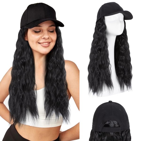Hairro Hat Hair Extensions Baseball Cap With Hair Attached Synthetic Curly Corn Wave Wig With Hat Yaki Hair Extensions Natural Adjustable Cotton Made Black Hat with hair for Women #1 dark black