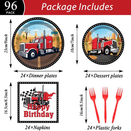 gisgfim 96 Pcs Semi Truck Party Supplies Paper Plates Napkins Tractor Trailer Themed Party Birthday Decorations Favors for Kids Semi Truck Party Decor Serves 24