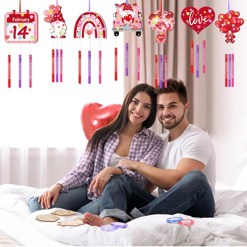 MiniInflat 24 Sets Valentine's Day Wind Chime Making Kit Make Your Own Heart Wind Chime Arts and Crafts Wooden Ornaments DIY to Paint Craft for Valentine's Day Party Supplies