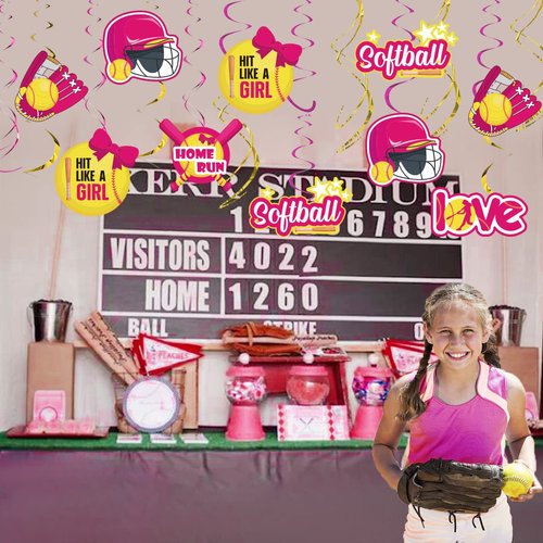 36 Pack Softball Party Decorations for Girls - Softball Themed Hanging Swirls Ceiling Streamers Sports Club Competitive Party Supplies Pink and Yellow