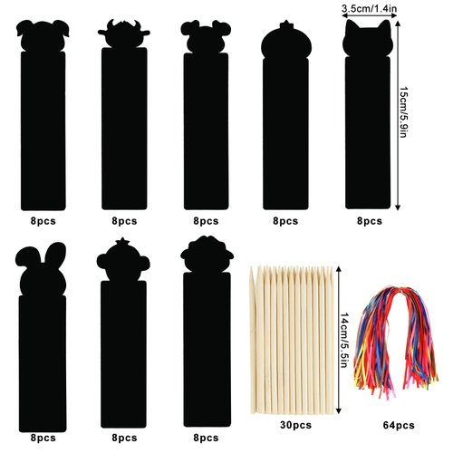 DEMIUKO 64PCS Magic Animal Scratch Bookmarks Making Kits Rainbow Scratch Paper Art Sets Party Favors DIY Bookmarks Bulk with Scratching Tools Ribbons Crafts Kit for Activities Birthday Gifts