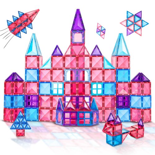 Magnetic Tiles Building Blocks for 3 4 5 6 7 8+ Years Old Boys Girls Colorful Magnet Stacking Toys Birthday Gift for Toddlers STEM Preschool Educational Construction Tiles Set for Kids (Pink)