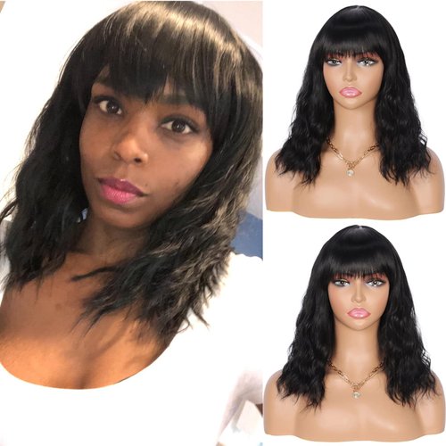Kalyss 14" Synthetic Wig with Hair Bangs Short Wavy Curly Wig for Women -Natural Looking and Heat Resistant Full Head Hair Replacement Wig for Daily Wear or Costume Wig