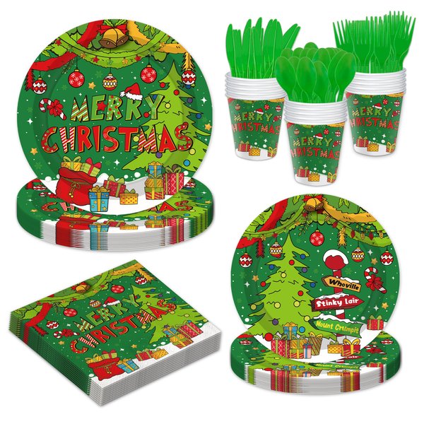 YQUQWN 168 PCS Christmas Paper Plates and Napkins Sets, Christmas Party Decorations, Christmas Plates and Napkins, Cups, Spoon, Knives, and Fork Set for Serves 24 Guest, Party Disposable Tableware