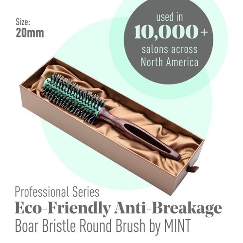 MINT Eco-Friendly Boar Bristle Round Brush for Blow Drying | Durable Blowout Styling Brush for All Hair Types | Ceramic Round Brush with Hand-Crafted Wooden Handle (20 mm)