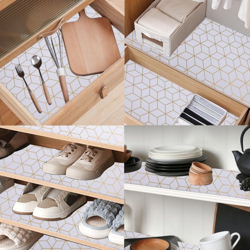 Drawer Shelf Liner Waterproof 10 Inch Wide X 20 Ft Non Slip Cabinet Liners Non Adhesive Pantry Shelf Liners Strong Grip Drawer Cupboard Mat for Closet Bathroom Refrigerator Gold