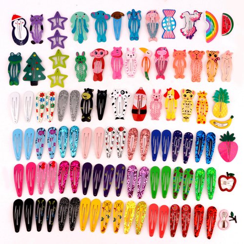 Exacoo Hair Clips for Girls 100Pcs Cute Animal Cartoon Design Hair Barrettes for Women Teens Pets Metal Non-slip Fruit Star Butterflies Hear-shaped Snap Hair Accessories Solid Color Hair Pins