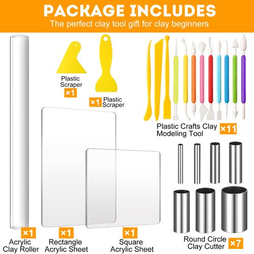 24 Pieces Clay DIY Tool Set, Acrylic Clay Roller, Acrylic Sheet, Plastic Scraper Backing Board, Stainless Steel Round Circle Shape Cutter, Plastic Polymer Clay Shaping Tool for DIY Craft (Colorful)