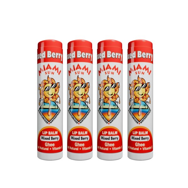 Miami Sun Natural Ghee Lip Balm, Hydrating Lip Treatment with Shea Butter & Beeswax, Organic & Non-Toxic, Best for Dry, Chapped Lips - Moisturizing, Healing, Chemical-Free Care (4 Count, Mixed Berry)