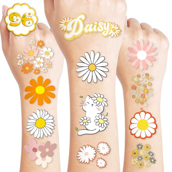 Daisy Temporary Tattoos for Kids Daisy Boho Birthday Party Decorations Favors Party Super Cute 96PCS Tattoos Stickers Supplies Kids Girls Boys Gifts Classroom School Prizes Themed Christmas