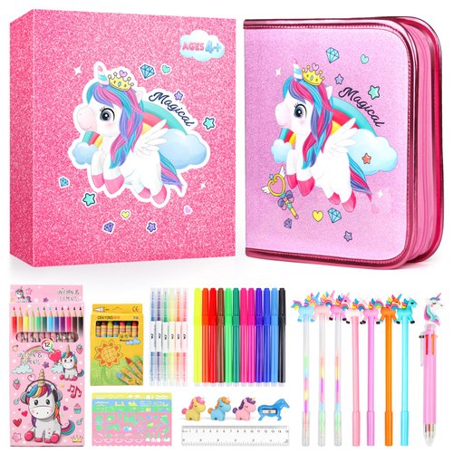 beefunni Unicorn Markers Set for Kids, Arts Supplies 67 pcs with Glitte Pencil Case and Strap, Birthday Gift for Girls 4 5 6 7 8 Years Old, Arts and Crafts Coloring Set for Kids 4-8
