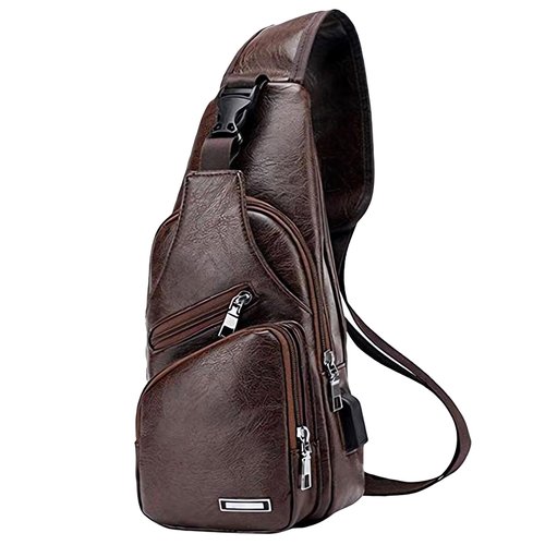 Seoky Rop Men Vintage Sling Crossbody Bag Leather Shoulder Bag with USB Charging Port Dark Brown