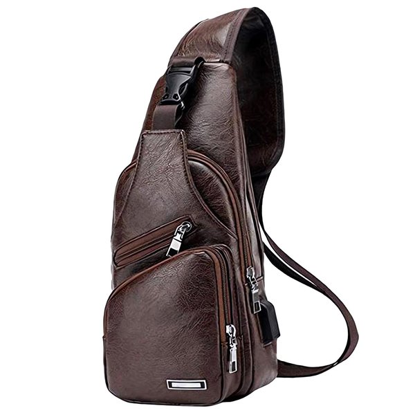 Seoky Rop Men Vintage Sling Crossbody Bag Leather Shoulder Bag with USB Charging Port Dark Brown