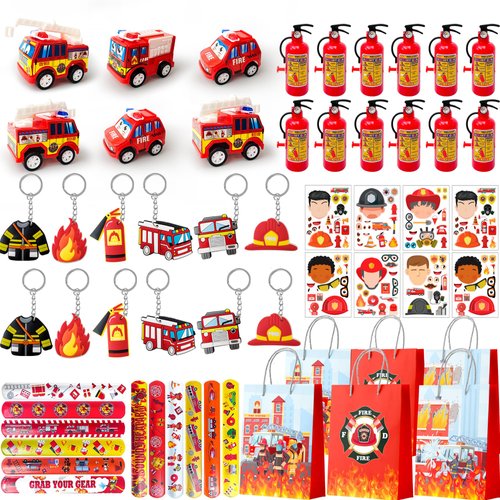 Firefighter Party Favors, 72pcs Fire Truck Party Favors Set Firefighter Party Stickers Slap Bracelets Keychains etc Firefighter Themed Party Favors for Firefighter Birthday Party Decorations Supplies