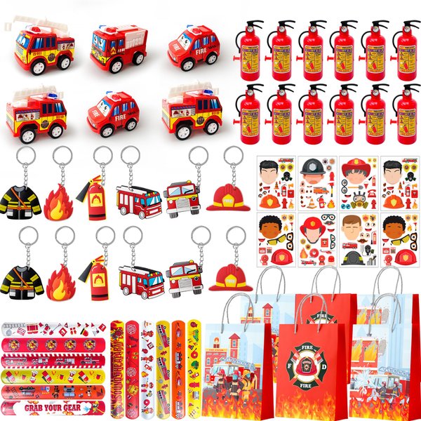 Firefighter Party Favors, 72pcs Fire Truck Party Favors Set Firefighter Party Stickers Slap Bracelets Keychains etc Firefighter Themed Party Favors for Firefighter Birthday Party Decorations Supplies