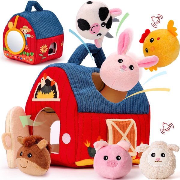 hahaland Baby Toys 6-12 Months - Surprise Barn with Stuffed Farm Animals, Rattle, Crinkle Paper, Mirror - Busy Montessori Toys for Babies, Sensory Toys for Toddlers 1-3 - Infant Valentines Baby Gifts