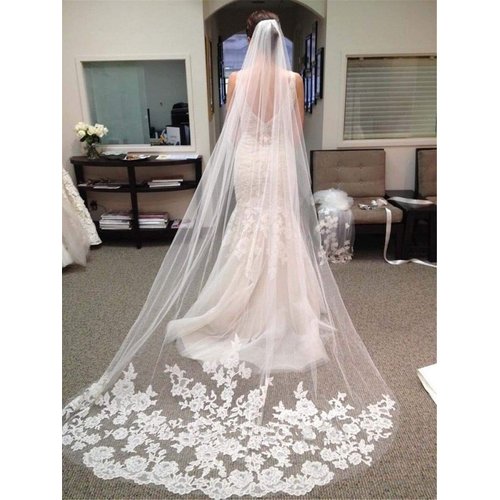 Bmirth 1 Layer Bridal Wedding Veil Cathedral Long Length Lace Bride Tulle Hair Accessories With Comb for women Floral 118" Veil Headpeice (Ivory-2)