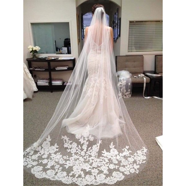 Bmirth 1 Layer Bridal Wedding Veil Cathedral Long Length Lace Bride Tulle Hair Accessories With Comb for women Floral 118" Veil Headpeice (Ivory-2)