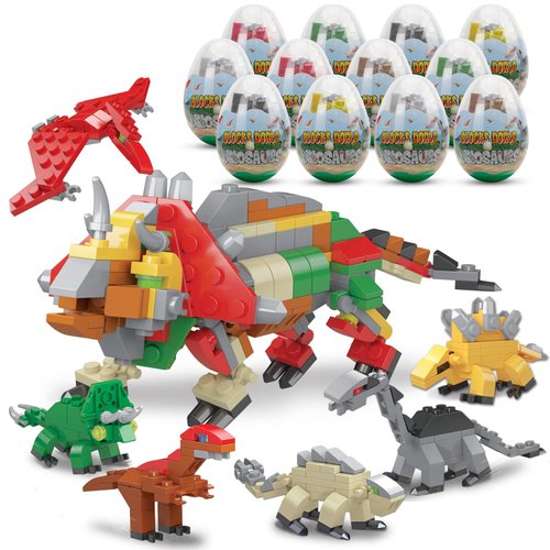 WISHTIME Filled Easter Eggs with Dinosaurs Building Blocks, 12PCS Eggs Toys for Kids,Party Suprise Toys in Basket Filler, Classroom Prize Toys