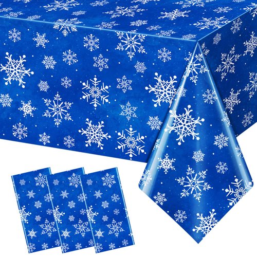 Jectivs 3 Pieces Christmas Snowflake Plastic Party Tablecloth Decorations,White Snowflake Blue Xmas Backdrop Sign Table Cover Banner for Winter Christmas Holiday Party Supplies,54x108 inch (Blue)
