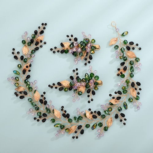 Teyglen Crystal Wedding Hair Vine Bridal Gold Leaf Hair Vine Headband and Hair Clips Green Black Rhinestone Beads Hair Pieces for Bride Boho Headpieces Hair Jewelry Set for Women Girl (Set-2)