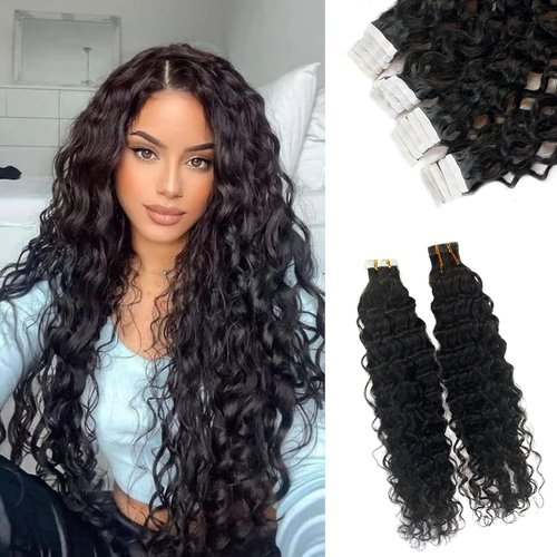 Water Wave Tape in Hair Extensions Human Hair, 20 Pieces Curly Tape in Extensions 16" for Women Natural Black Invisible Adhesive Skin Weft PU Hair Extensions 50 Gram, 200G-300G for Full Head