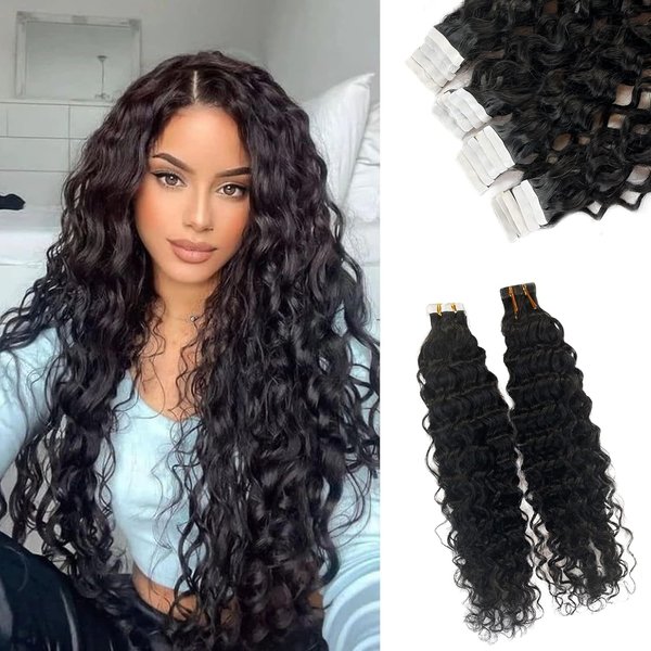 Water Wave Tape in Hair Extensions Human Hair, 20 Pieces Curly Tape in Extensions 16" for Women Natural Black Invisible Adhesive Skin Weft PU Hair Extensions 50 Gram, 200G-300G for Full Head