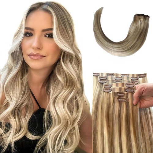 SUNFA Seamless Clip in Hair Extensions Real Human Hair, Remy Hair Extensions Human Hair for Women,18Inch 100g 7PCS Dark Blonde and Platinum Blonde Highlighted Straight