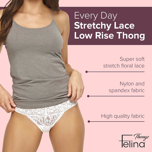 Felina Stretchy Lace Low Rise Thong - Sexy Underwear for Women, Thongs for Women, Seamless Panties for Women (6-Pack) (Neutrals, S/M)