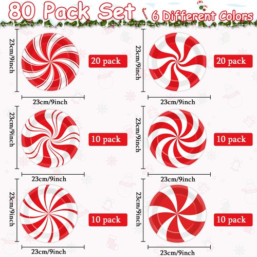 Wiooffen 80Pcs Christmas Peppermint Candy Paper Plates Party Supplies 9Inch Red White Candy Mint Tableware Christmas Dinner Dessert Plate Disposable Dinnerware Decorations for Holiday Xmas Theme Party