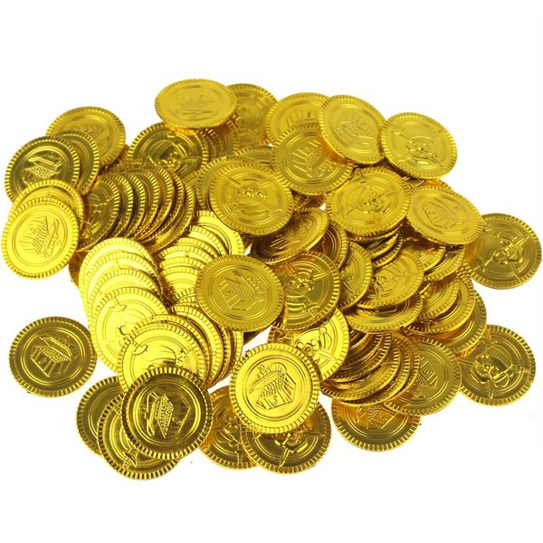 Wankko 100PCS Pirate Gold Coins Plastic Play Gold Treasure Coins for Play Favor Party Supplies